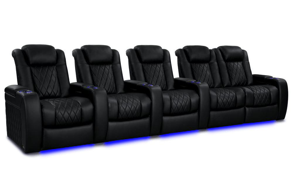 Valencia 2025 New Tuscany Heat & Massage Leather Home Theater Seating Row of 5 Loveseat Right, Midnight Black
