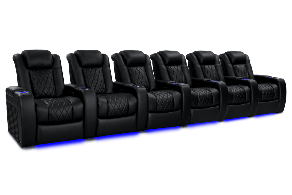 Valencia 2025 New Tuscany Heat & Massage Leather Home Theater Seating Row of 6, Midnight Black