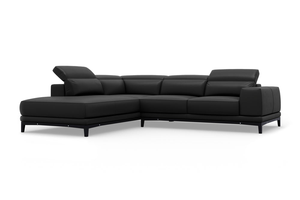 Valencia Valletta Top Grain Leather Sectional L-Shape with Left Chaise Sofa, Black