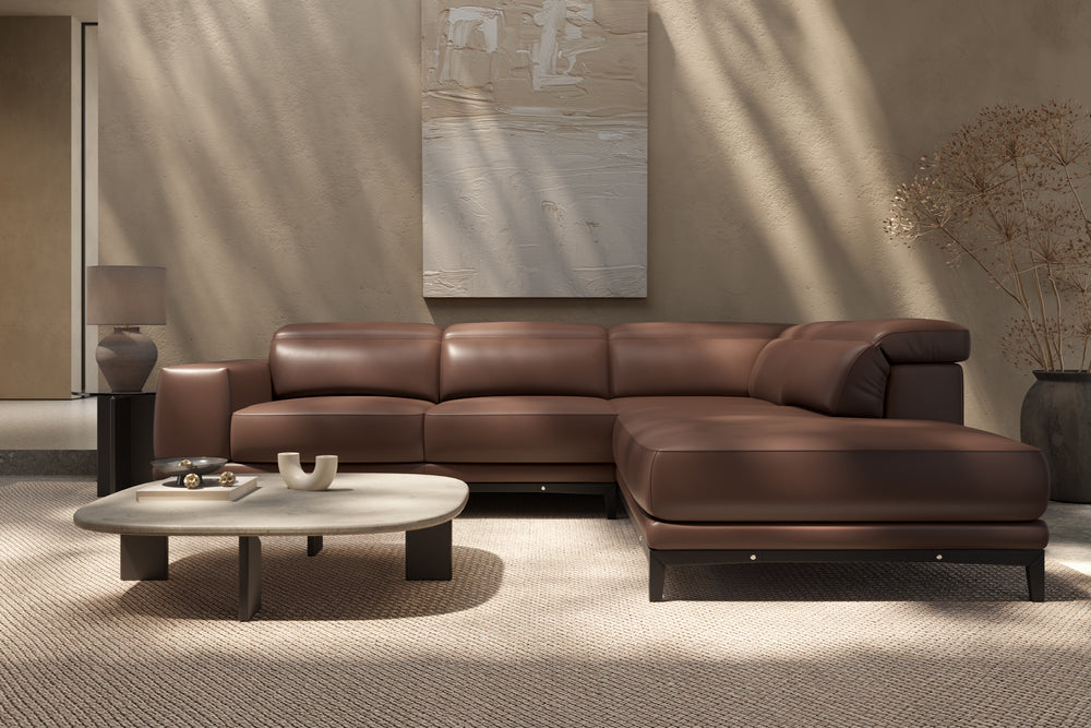 Valencia Valletta Top Grain Leather Sofa, L-Shape with Right Chaise, Dark Brown