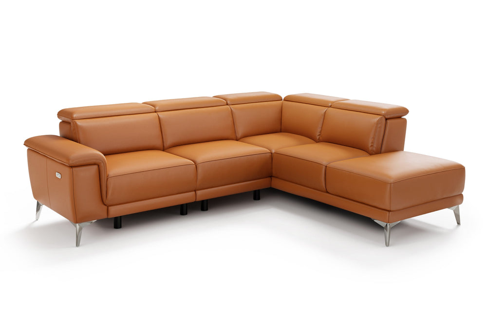 Valencia Pista Modern Top Grain Leather Reclining Sectional Sofa with Right-Hand Facing Chaise, Cognac White background picture