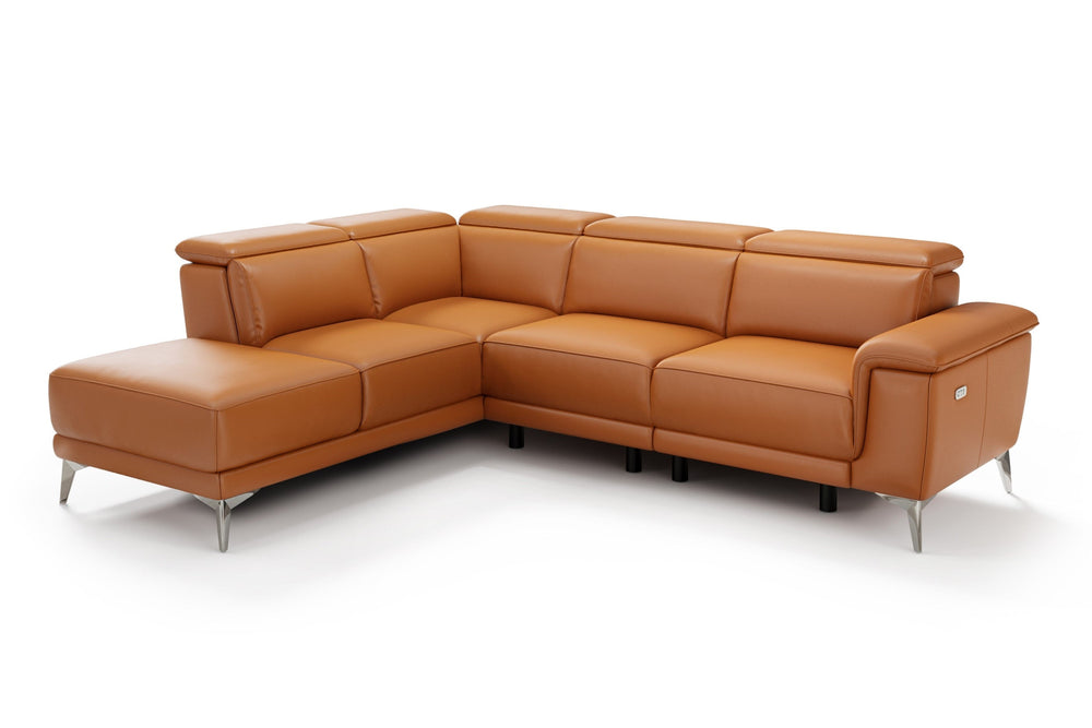 Valencia Pista Modern Top Grain Leather Reclining Sectional Sofa with Left-Hand Facing Chaise, Cognac White background picture
