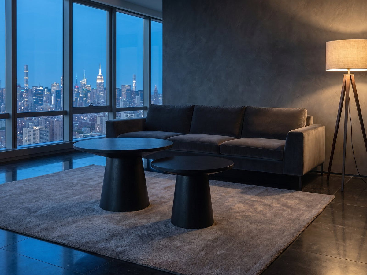 Acqui 29-Inch Round Ebony Oak Veneer Pedestal Coffee and End Table Set on a wool rug in front of a velvet sofa in a city penthouse at blue hour