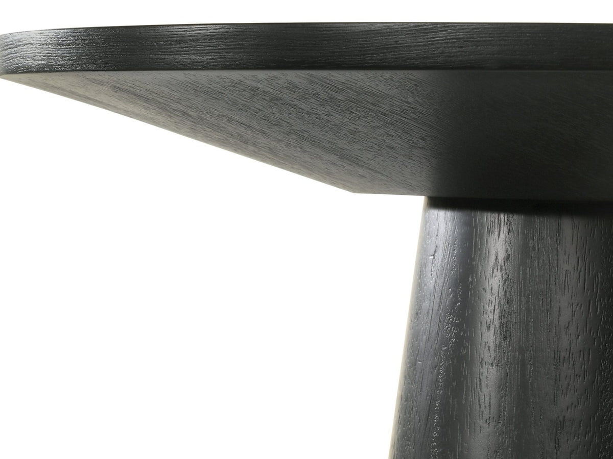Close-up of the Acqui 29-Inch Round Ebony Oak Veneer Pedestal Coffee and End Table Set: the slim top edge and sloped underside over the ebony oak cone pedestal