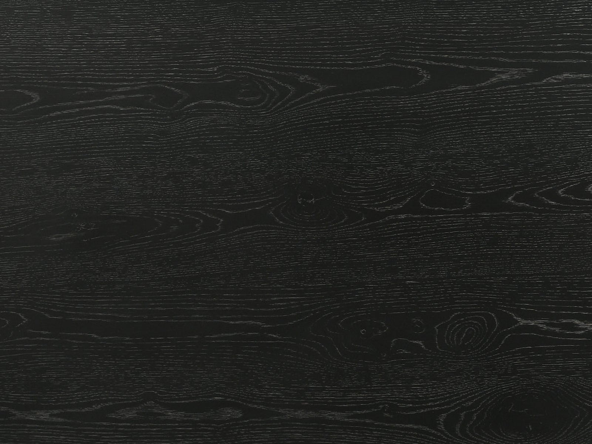 Close-up of the Acqui 29-Inch Round Ebony Oak Veneer Pedestal Coffee and End Table Set: the ebony-stained oak veneer grain of the round top