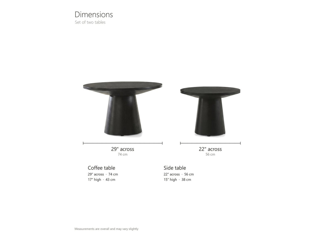 Acqui 29-Inch Round Ebony Oak Veneer Pedestal Coffee and End Table Set dimensions: coffee table 29 in across and 17 in high; end table 22 in across and 15 in high