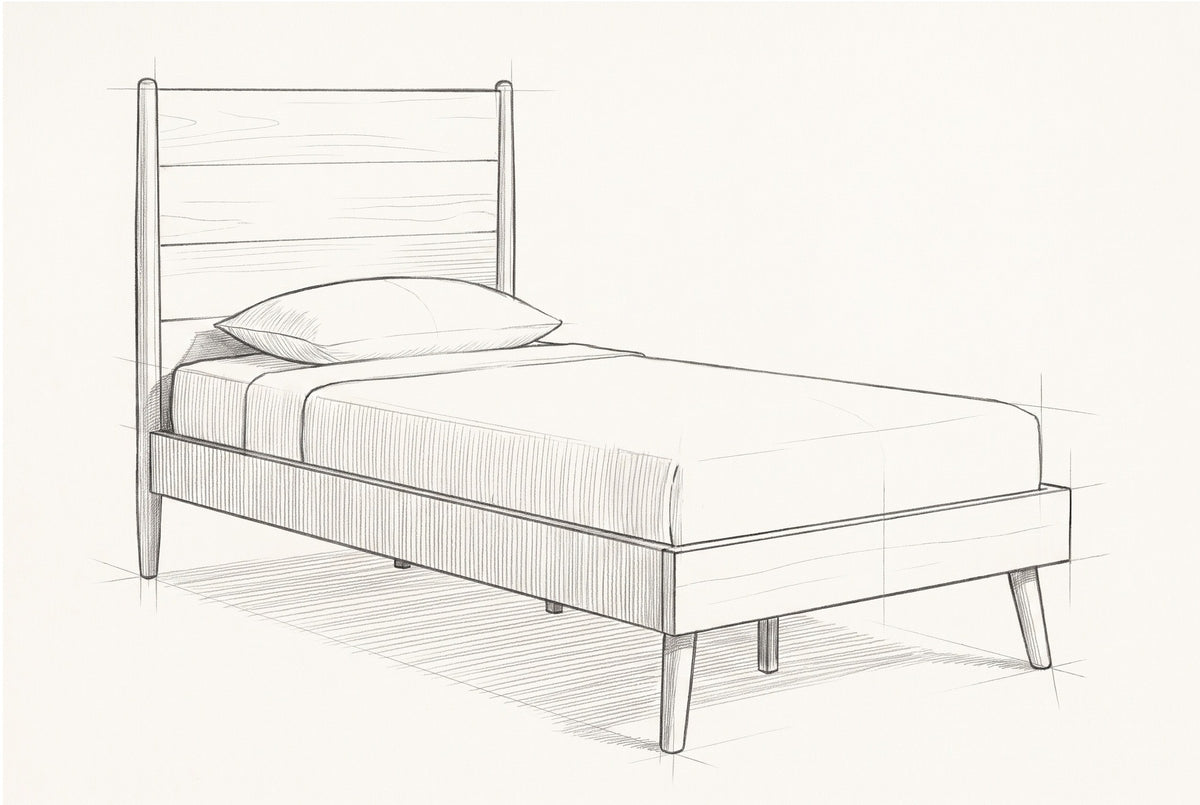 Pencil sketch of the Agnone bed with a mattress and one pillow, drawn from the same three-quarter view