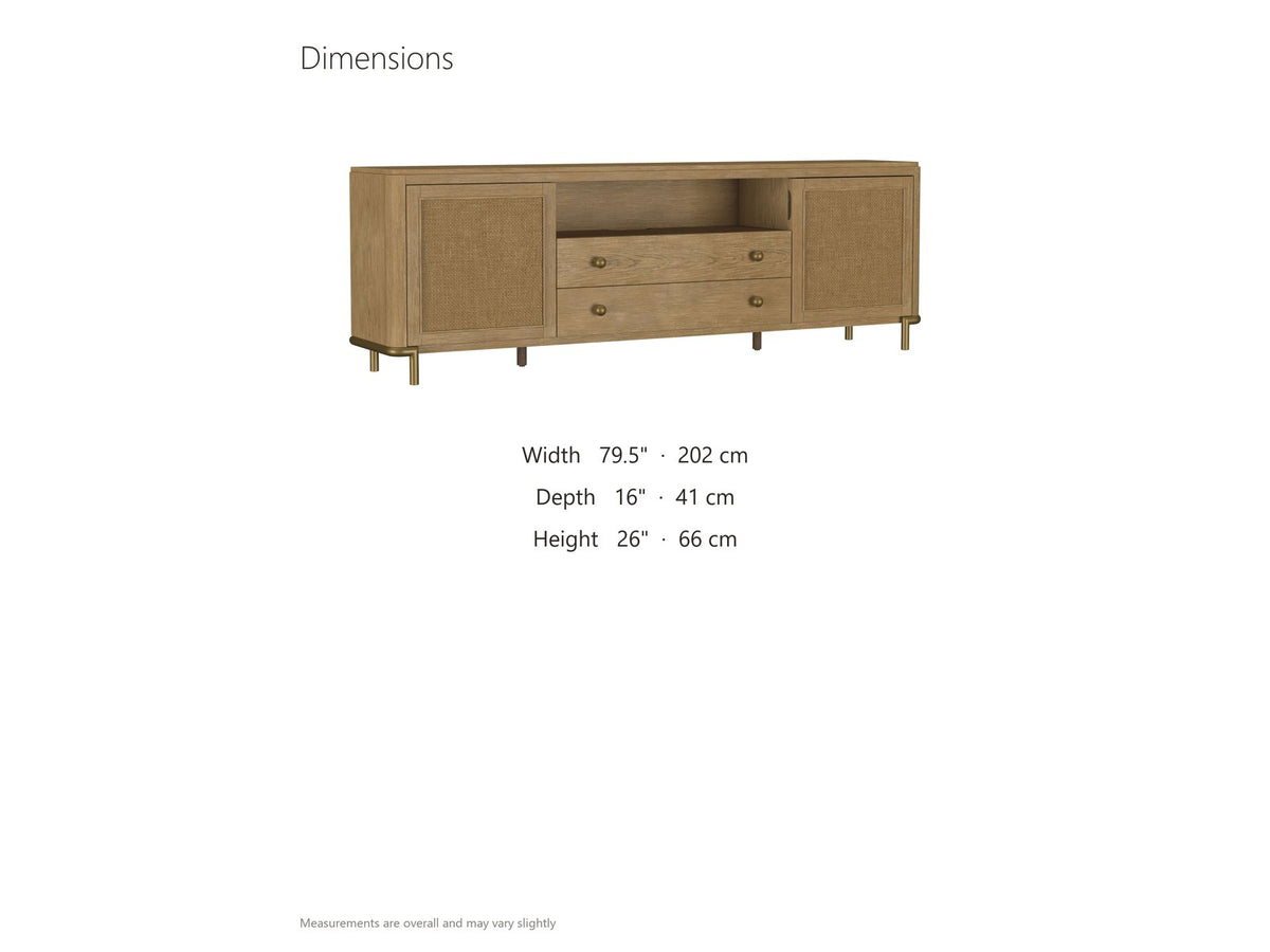 Alassio 80-Inch Sand Wash Ash and Rattan Media Console dimensions: 79.5 in wide, 16 in deep, 26 in high
