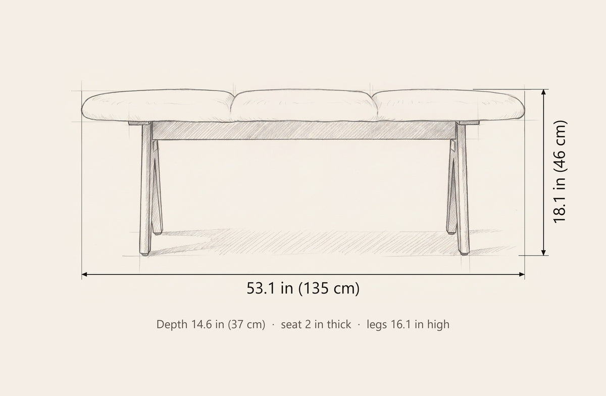 Alatri bench dimensions: 53.1 in long, 18.1 in high, 14.6 in deep