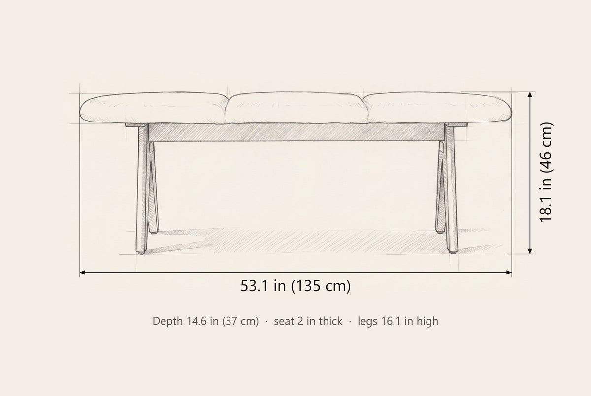 Alatri bench dimensions: 53.1 in long, 18.1 in high, 14.6 in deep