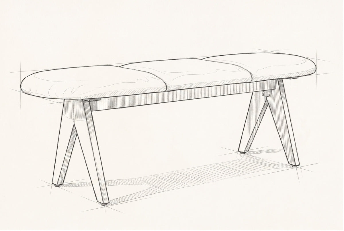 Pencil sketch of the Alatri bench, drawn from the same three-quarter view