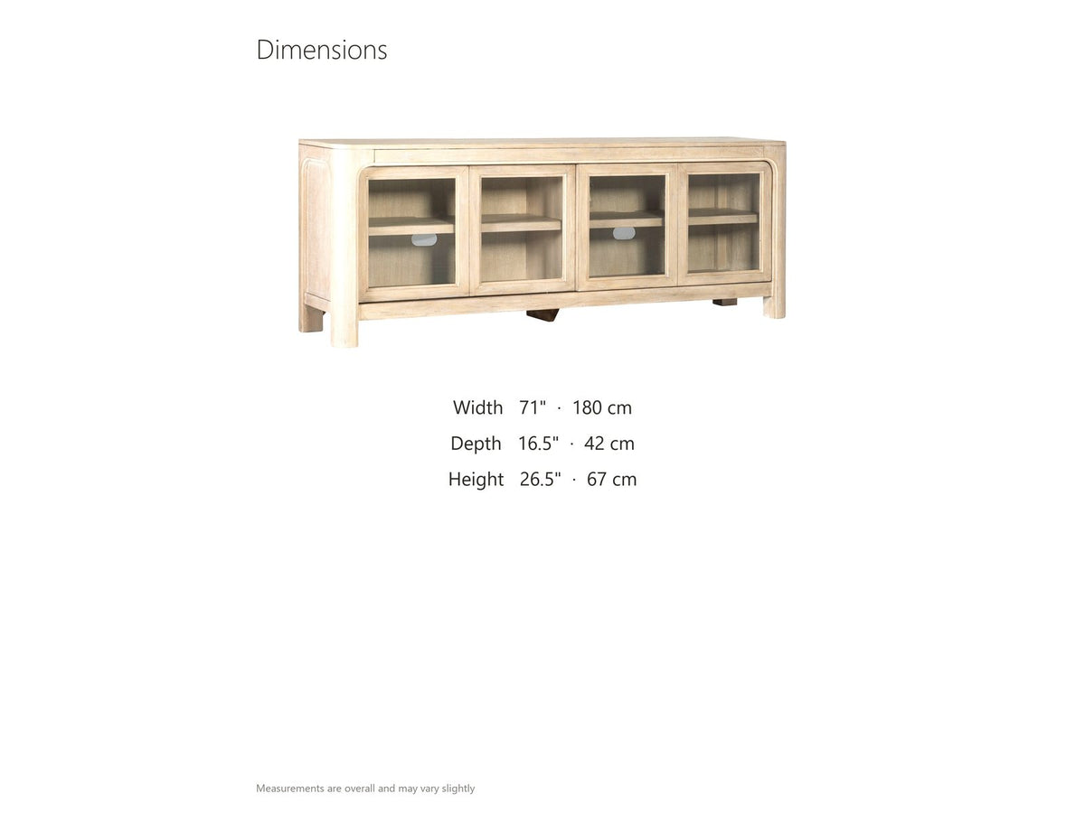 Albenga 71-Inch Weathered Mango Veneer Sliding Glass Door Media Console dimensions: 71.0 in wide, 16.5 in deep, 26.5 in high