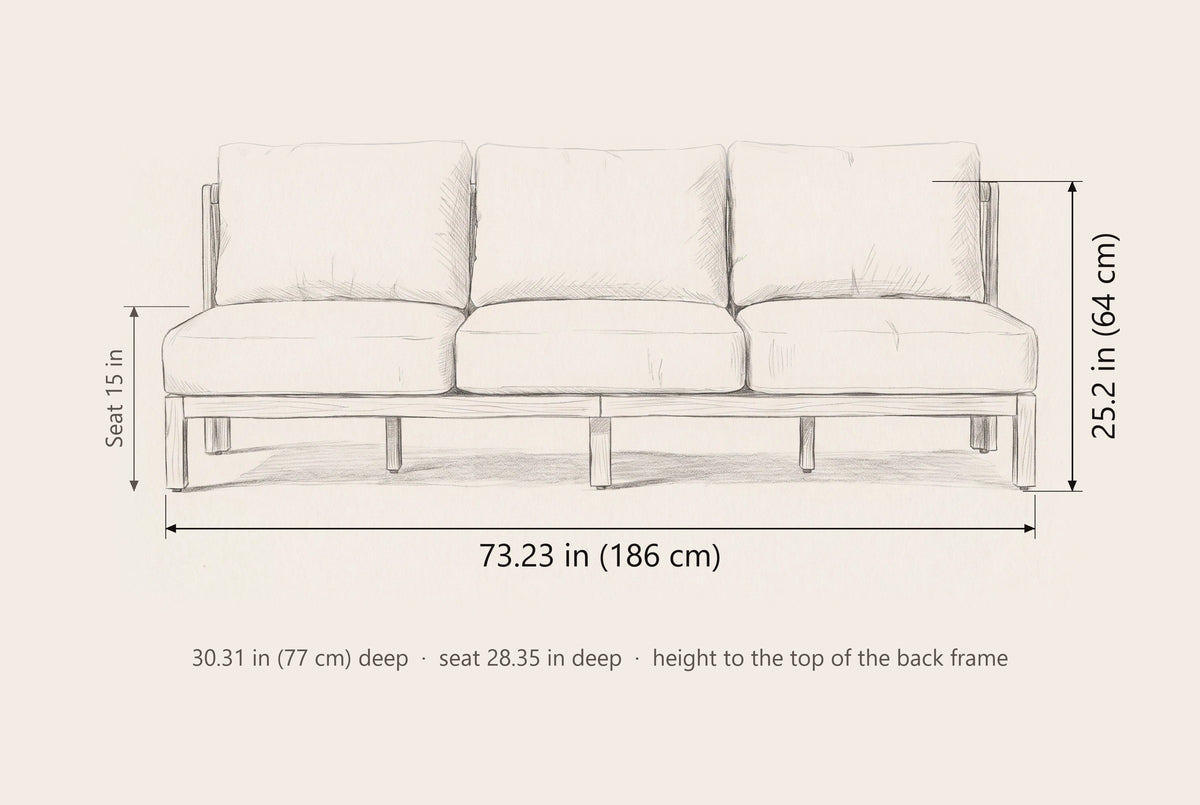 Alcamo sofa dimensions: 73.23 in wide, 25.2 in high to the back frame, seat 15 in, 30.31 in deep
