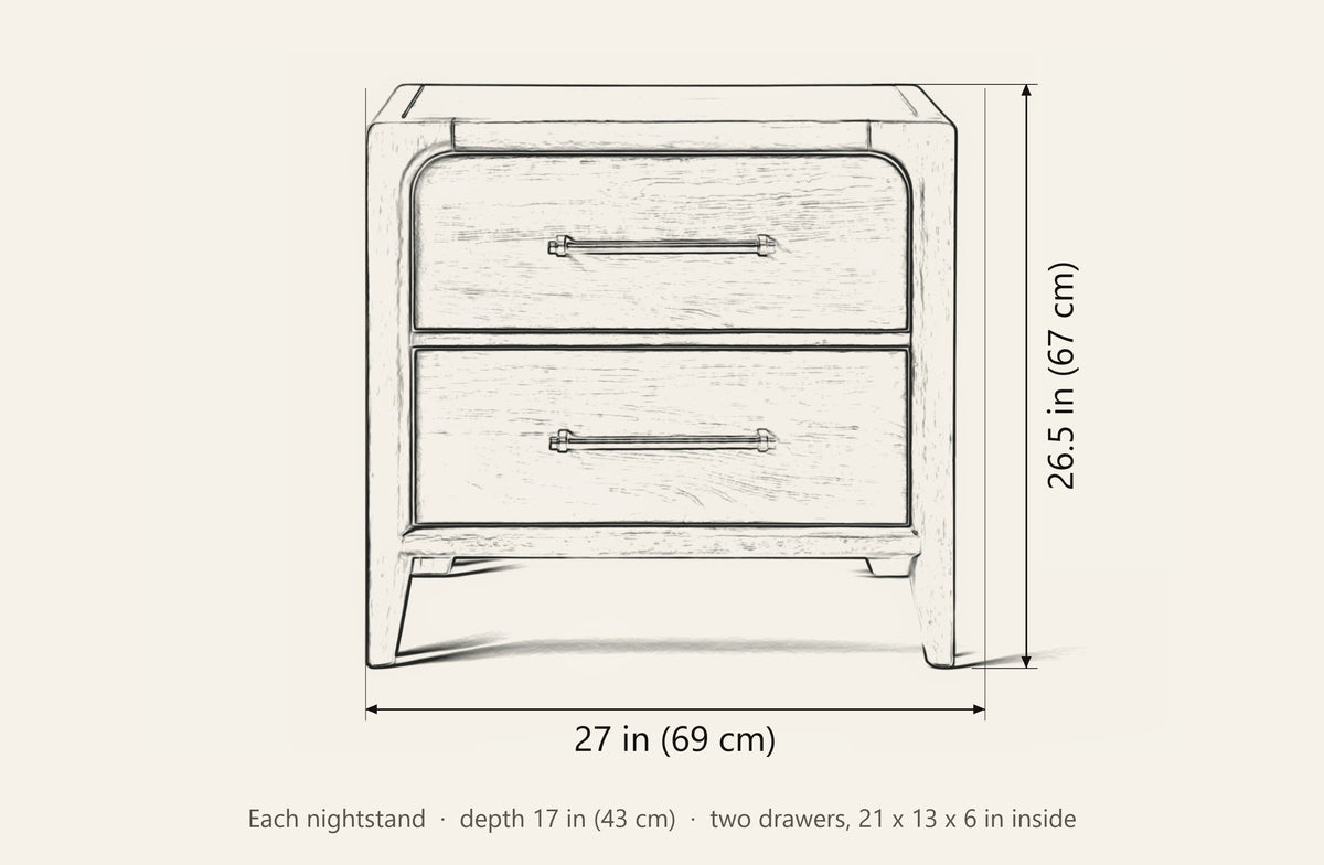 Alghero nightstand dimensions: each nightstand is 27 in wide, 26.5 in high and 17 in deep
