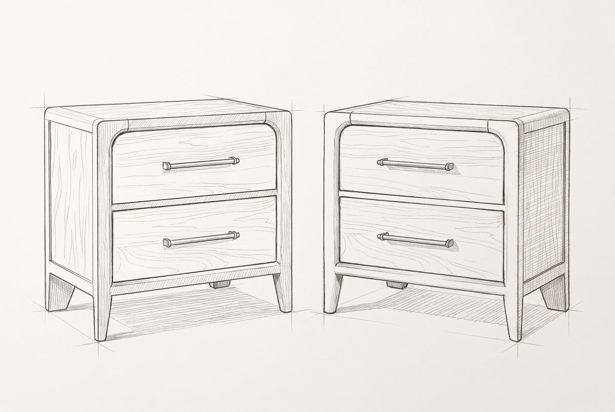 Pencil sketch of the pair of Alghero nightstands, drawn from the same three-quarter view