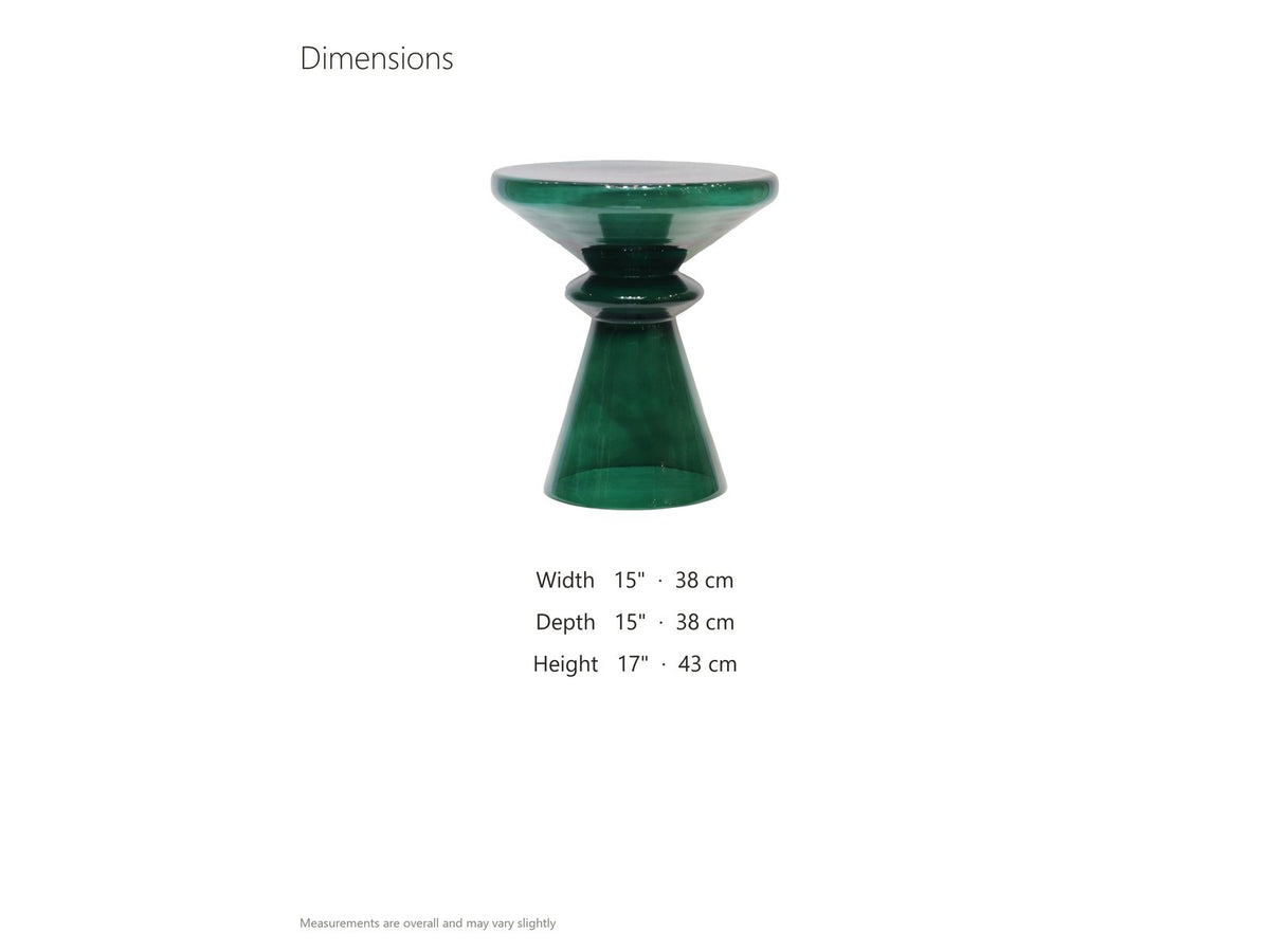 Alliste Blown Glass Hourglass Side Table dimensions: 15.0 in wide, 15.0 in deep, 17.0 in high