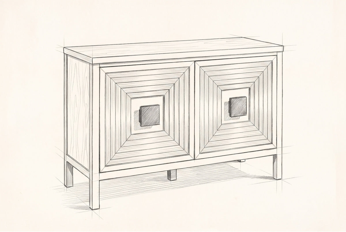 Pencil sketch of the Altamura sideboard, drawn from the same three-quarter view