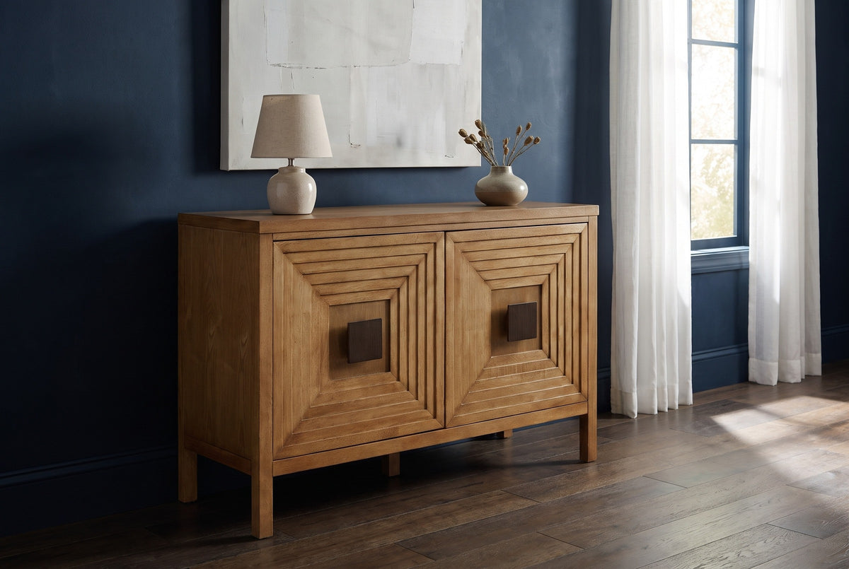 Altamura two-door sideboard against an inky navy plaster wall in a Seattle living room with dark oak floors and white sheer curtains