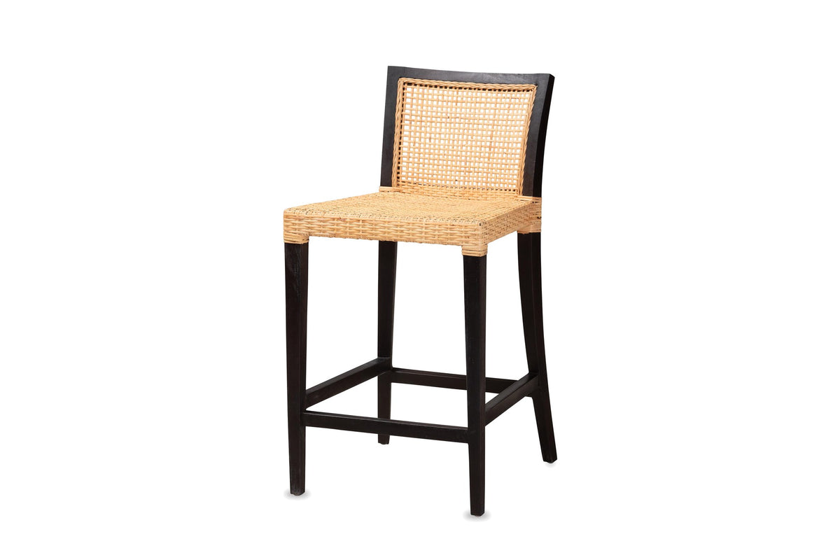 Altilia Open-Weave Rattan and Mahogany Counter Stool on a white background