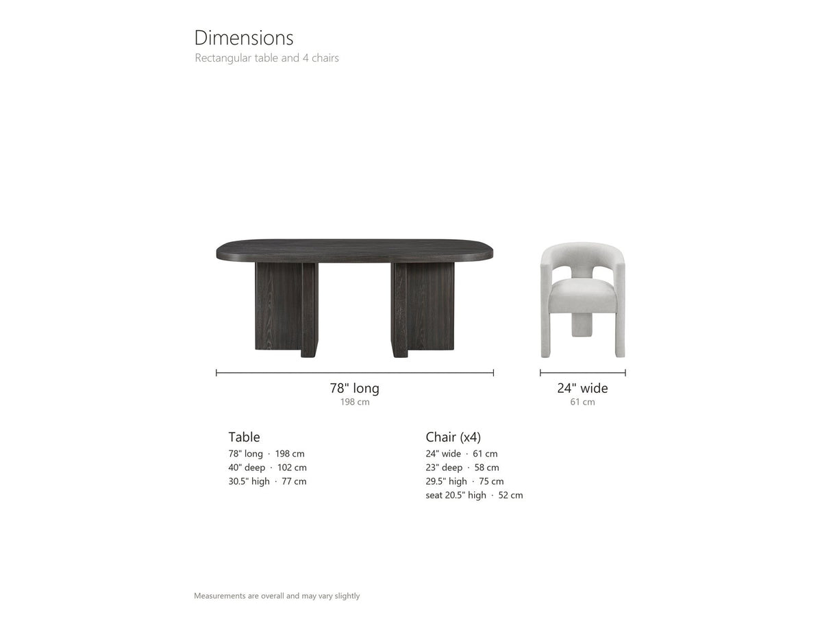 Anticoli 78-Inch Ebony Oak Pedestal Dining Set with 4 Boucle Armchairs dimensions: table 78 in long, 40 in deep and 30.5 in high, 28.5 in clear under the top; each armchair 24 in wide, 23 in deep and 29.5 in high, seat 20.5 in high, arms 26.5 in high