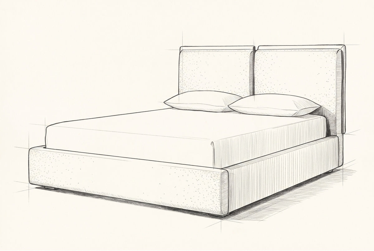 Pencil sketch of the Anversa bed with a mattress and two pillows, drawn from the same three-quarter view