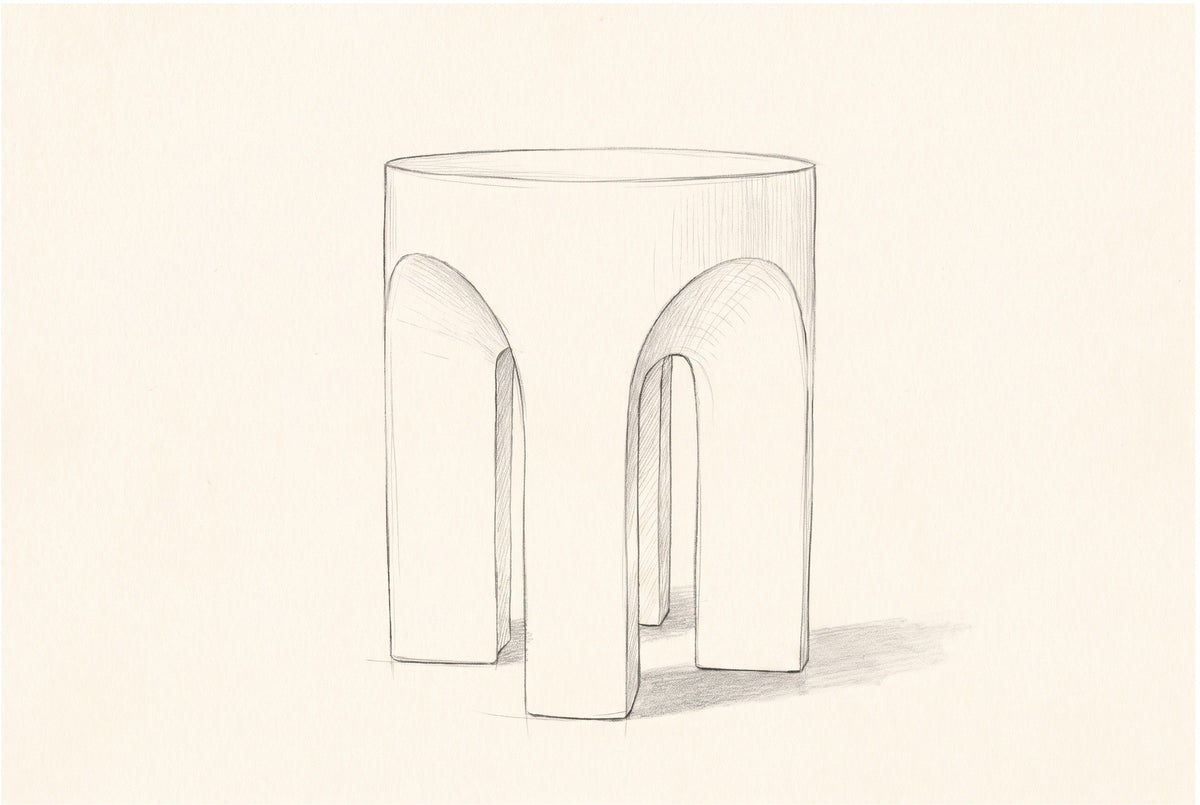 Pencil sketch of the Aragona arched side table, three-quarter view