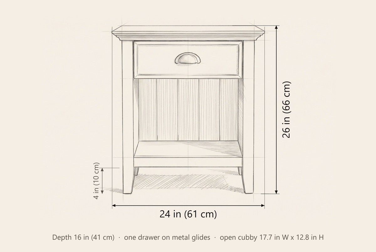 Arbus nightstand dimensions: 24 in wide, 26 in high, 16 in deep, 4 in from the floor to the bottom rail