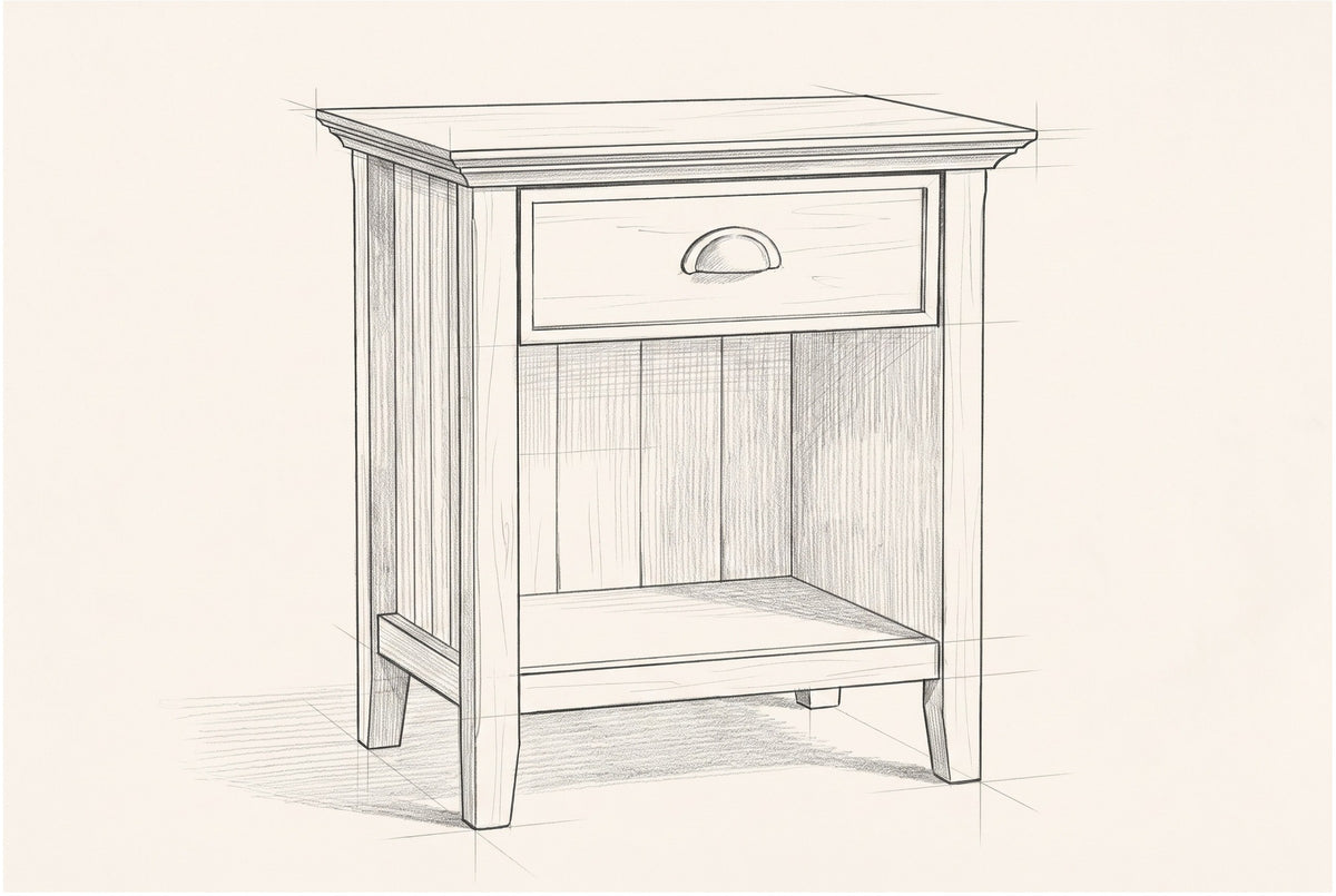 Pencil sketch of the Arbus nightstand, drawn from the same three-quarter view