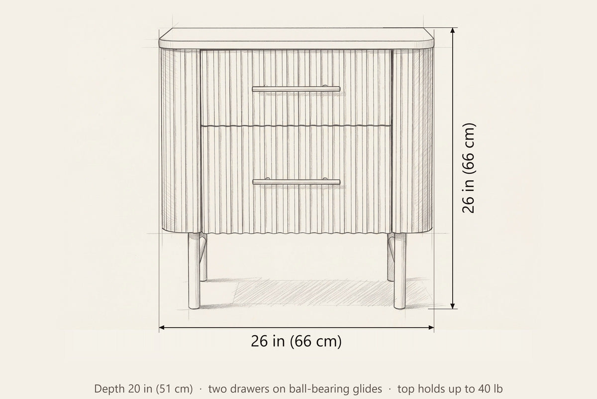 Aritzo nightstand dimensions: 26 in wide, 26 in high, 20 in deep
