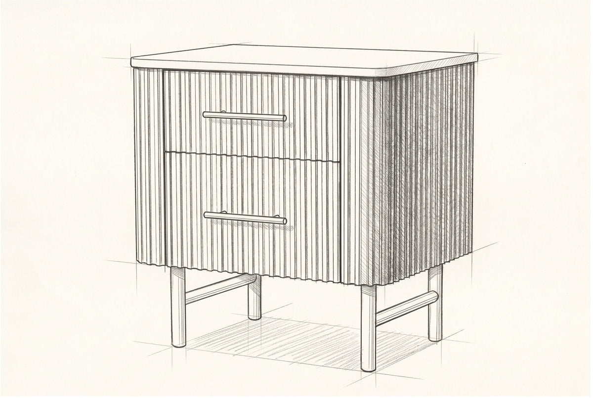 Pencil sketch of the Aritzo nightstand, drawn from the same three-quarter view