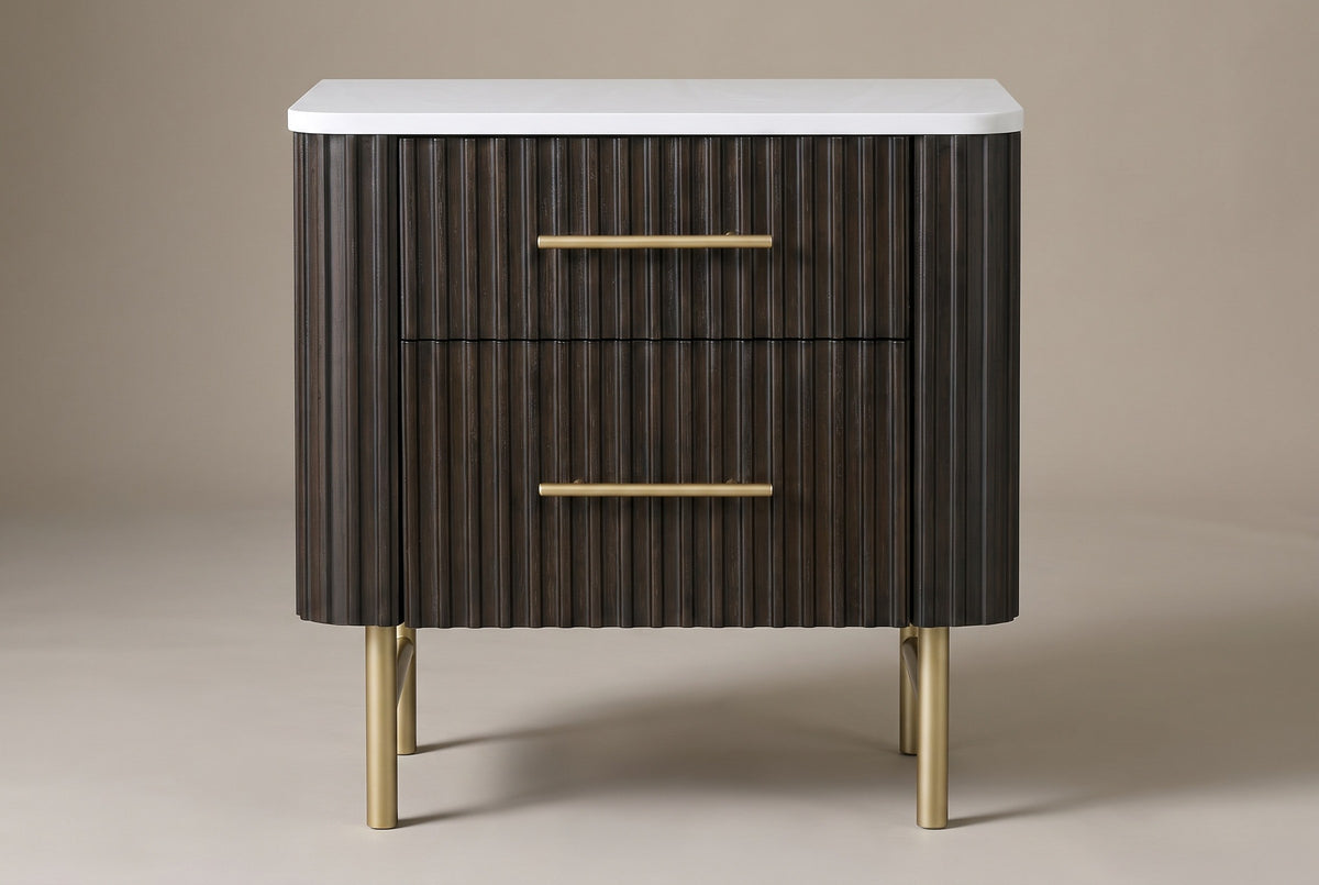 The Aritzo nightstand in espresso, front view on a light studio backdrop