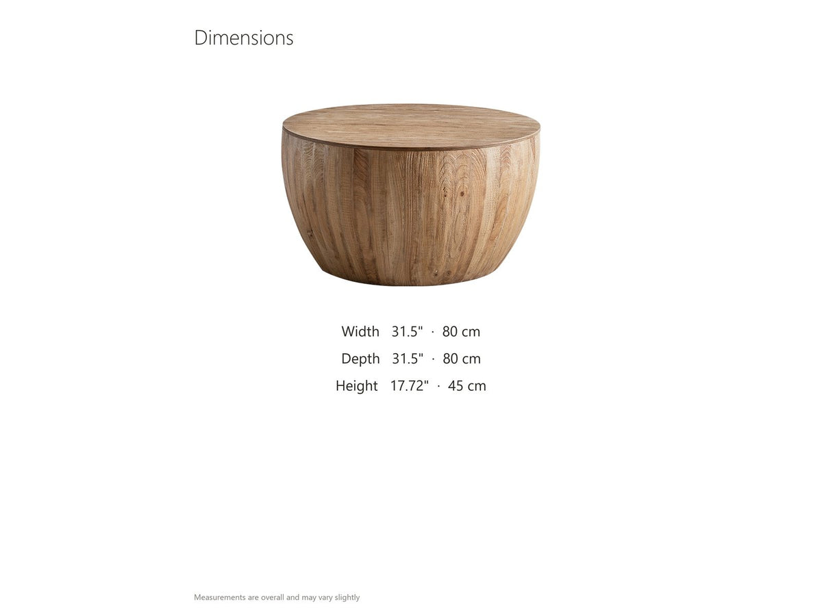 Arona 31.5-Inch Round Solid Fir Storage Drum Coffee Table dimensions: 31.5 in wide, 31.5 in deep, 17.72 in high