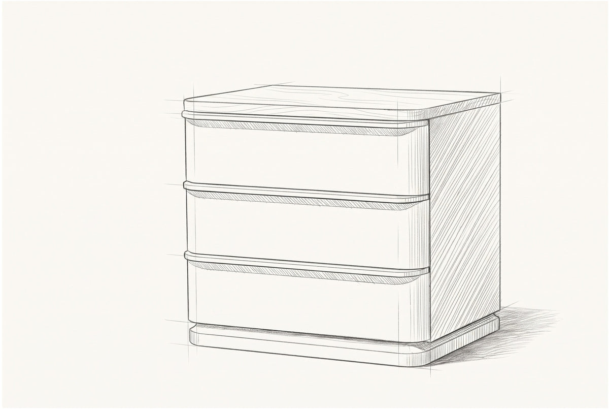 Pencil sketch of the Arzachena nightstand, drawn from the same three-quarter view