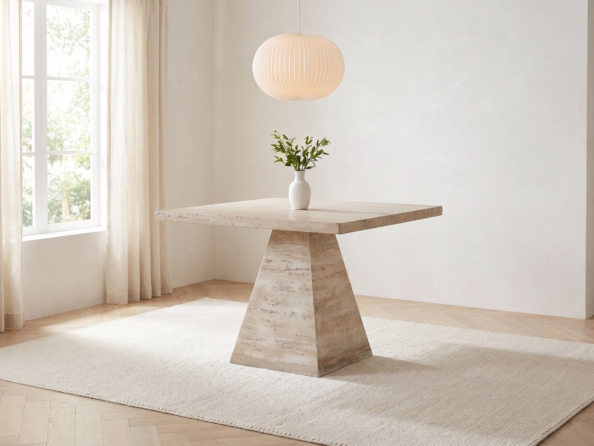 Asiago 40-Inch Square Faux Travertine Pyramid Pedestal Dining Table in a bright plaster dining room with linen curtains