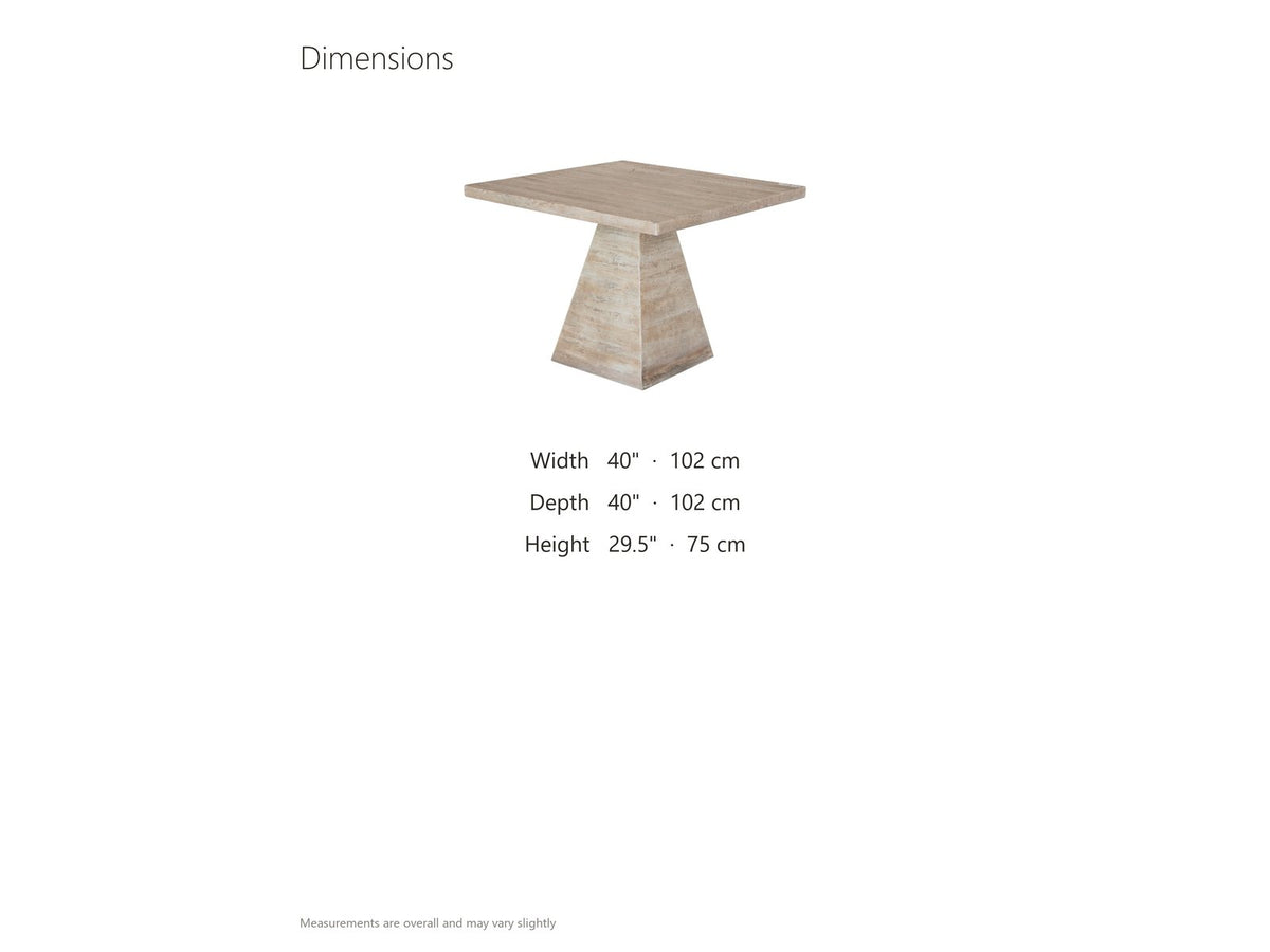 Asiago 40-Inch Square Faux Travertine Pyramid Pedestal Dining Table dimensions: 40 in wide, 40 in deep and 29.5 in high