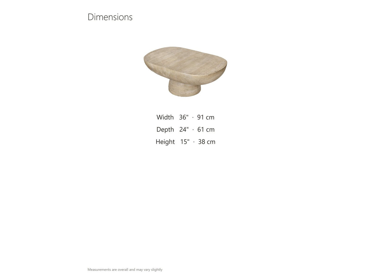 Asiago Faux Travertine Oval Mushroom Coffee Table dimensions: 36.0 in wide, 24.0 in deep, 15.0 in high
