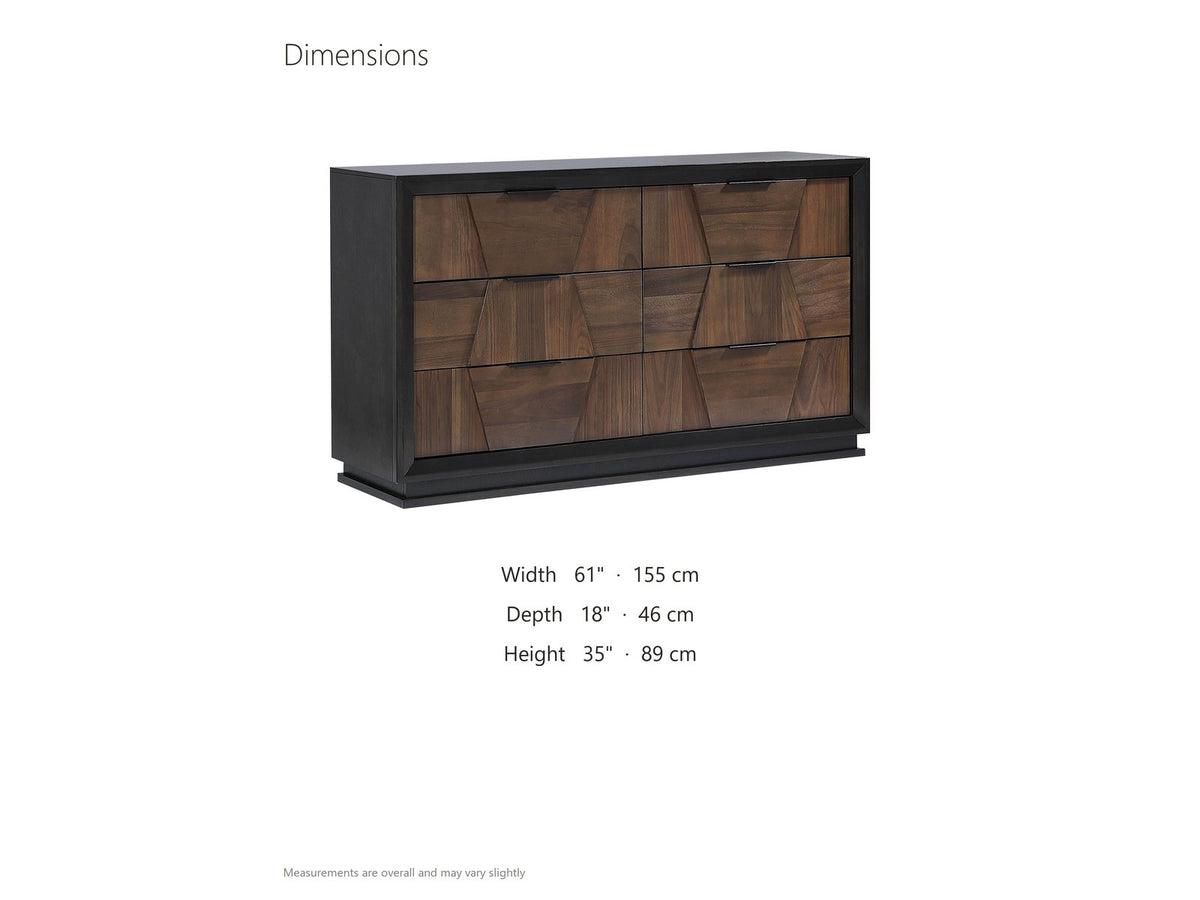 Asolo 61-Inch Walnut and Black 6-Drawer Dresser dimensions: 61.0 in wide, 18.0 in deep, 35.0 in high