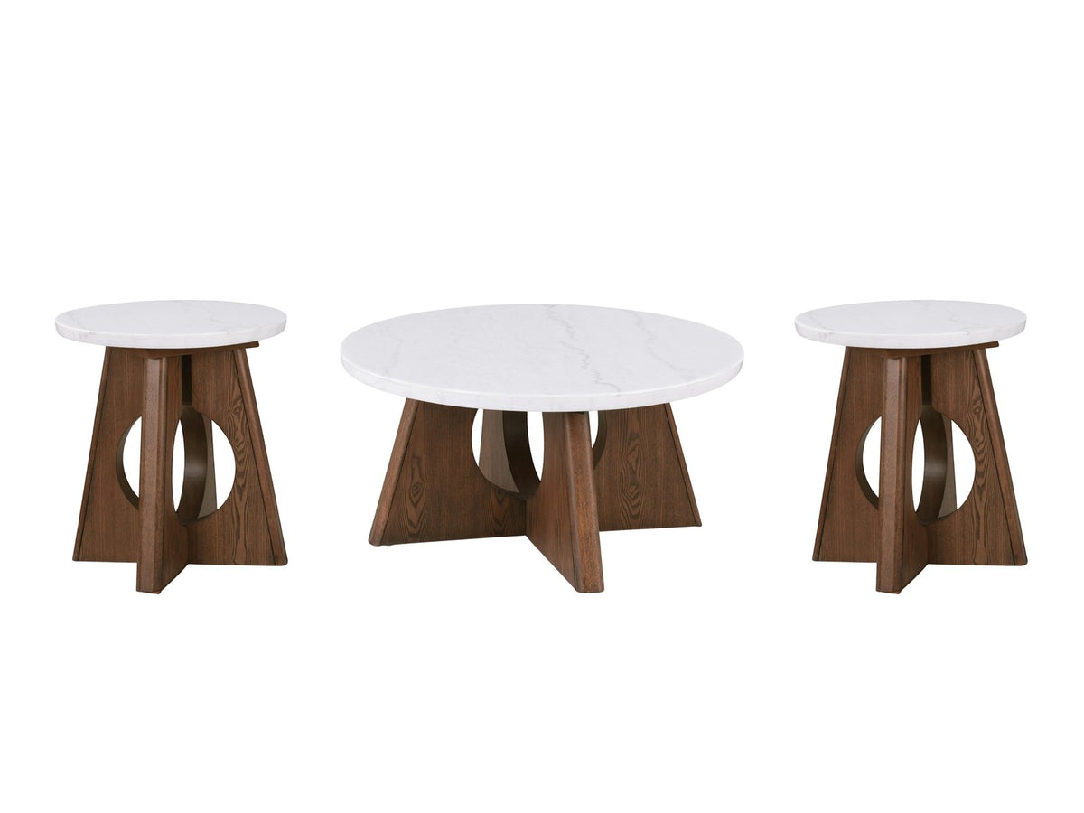 Asti 40-Inch Round White Marble Coffee and End Table Set, 3 Pieces photographed on white: the coffee table between the two end tables, shown at their true relative size
