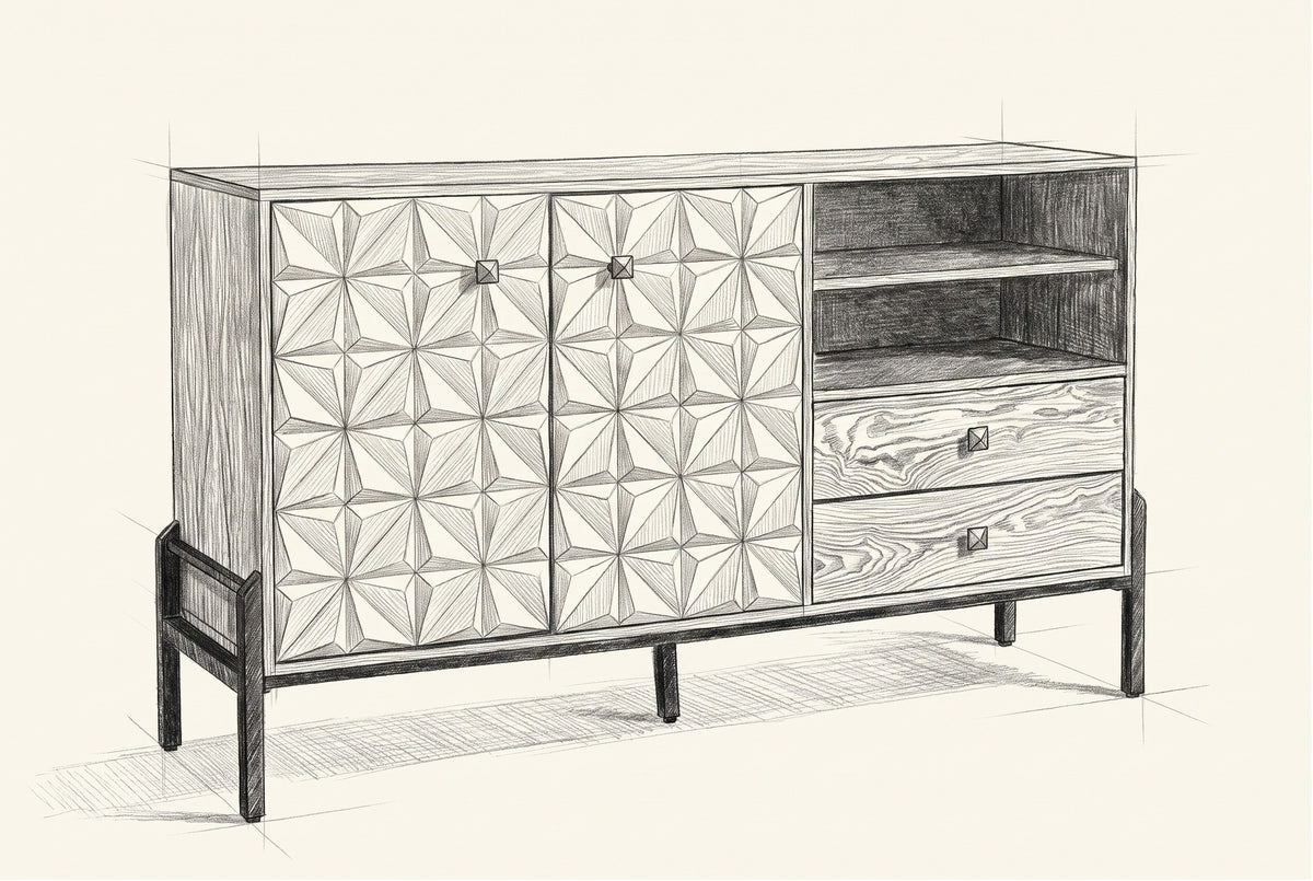 Pencil sketch of the Atella sideboard, drawn from the same three-quarter view