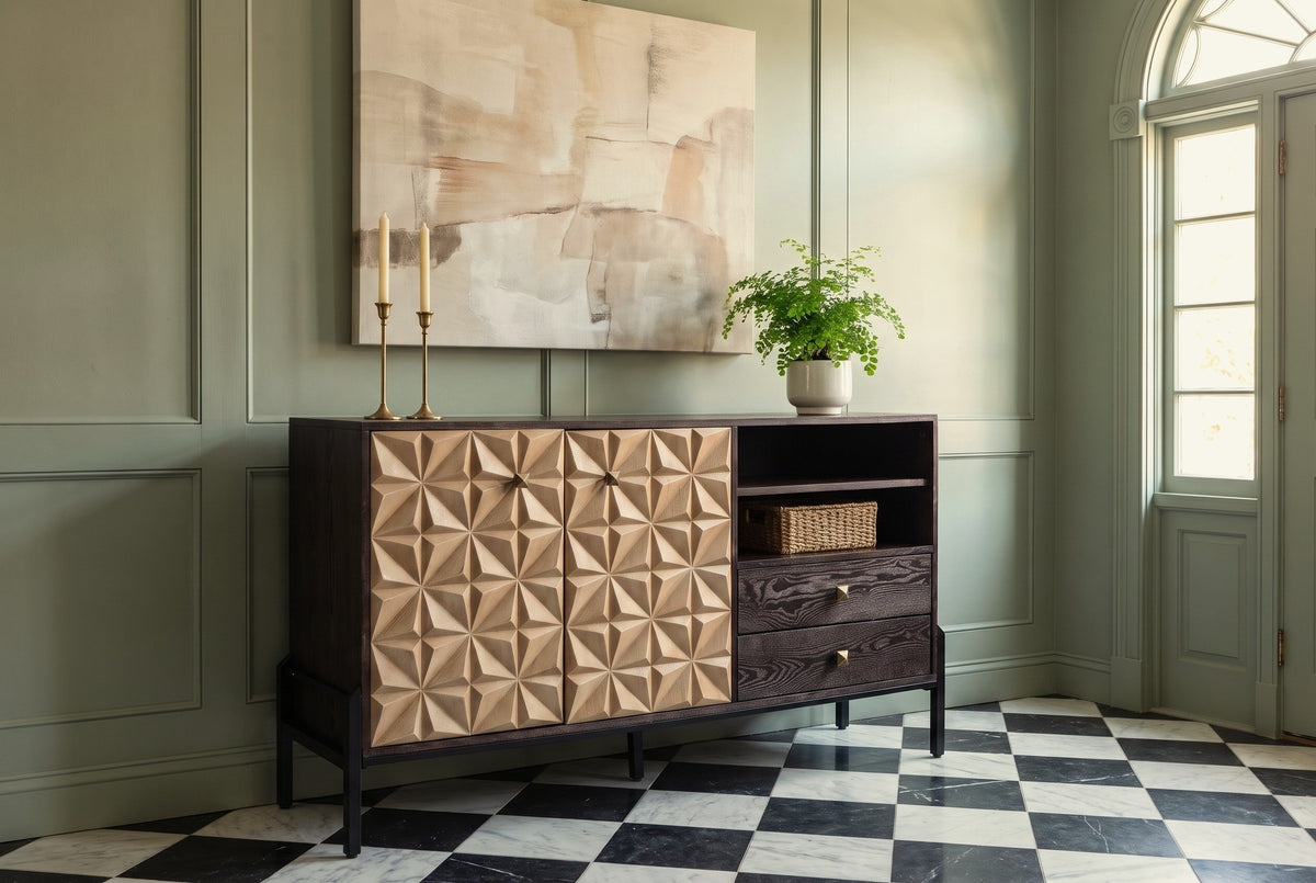 Atella sideboard against a sage-green paneled wall in a Philadelphia entryway with a black and white marble floor