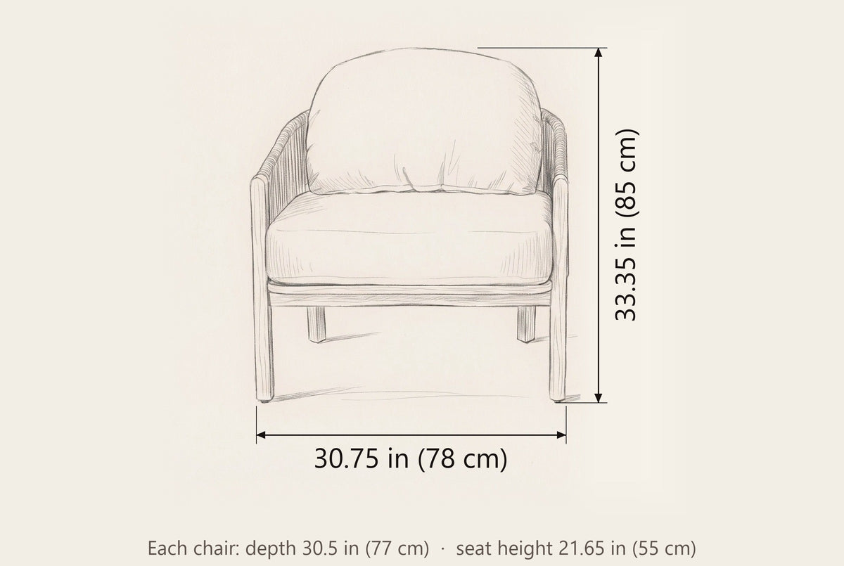 Avola club chair dimensions: 30.75 in wide, 33.35 in high, 30.5 in deep, seat height 21.65 in (per chair)