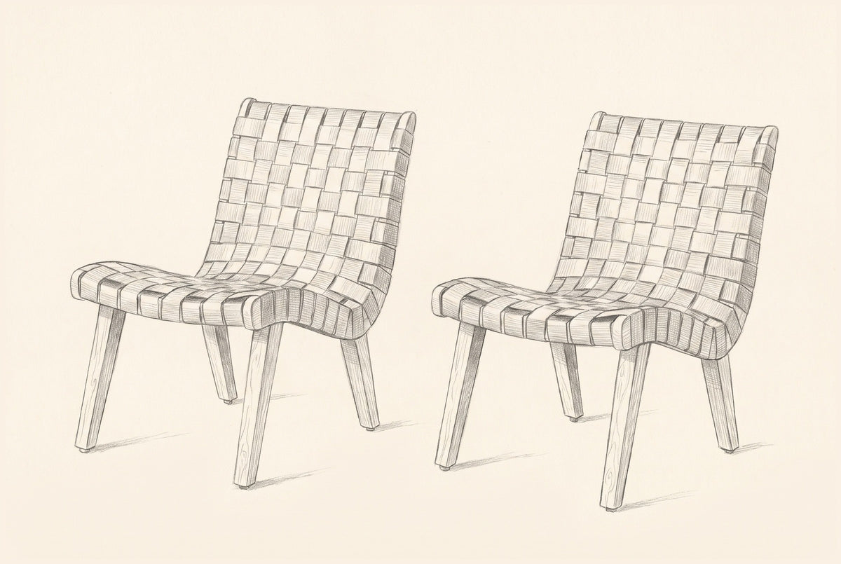 Pencil sketch of the pair of Bagheria lounge chairs, three-quarter view