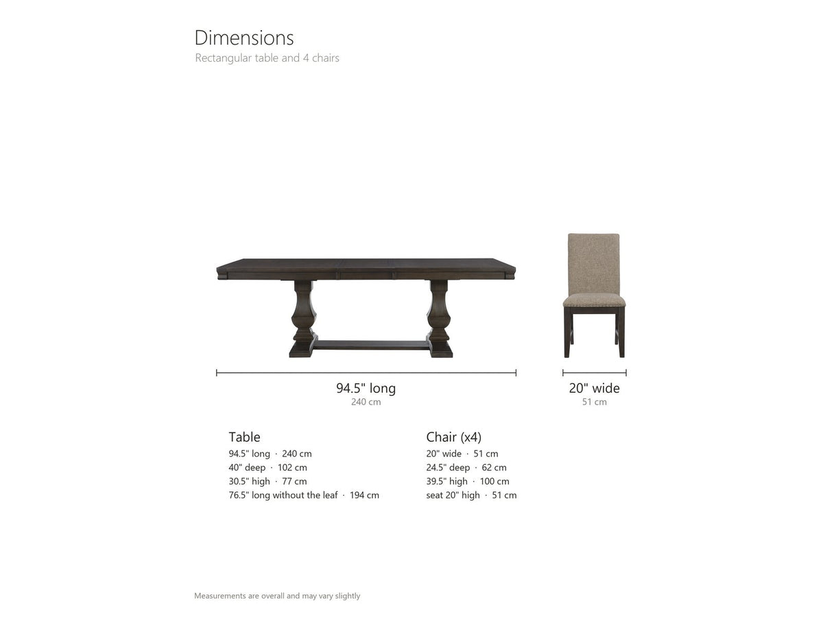 Bagnara 76.5 to 94.5-Inch Rustic Oak Double Pedestal Dining Set with 4 Chairs dimensions: table 94.5 in long with the 18-in leaf and 76.5 in without it, 40 in deep and 30.5 in high, 27 in clearance under the apron; each chair 20 in wide, 24.5 in deep and 39.5 in high, seat 20 in high
