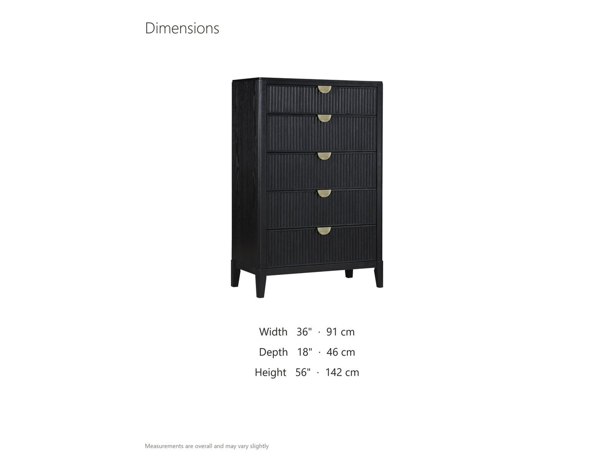Bardolino 36-Inch Black Fluted 5-Drawer Chest dimensions: 36.0 in wide, 18.0 in deep, 56.0 in high