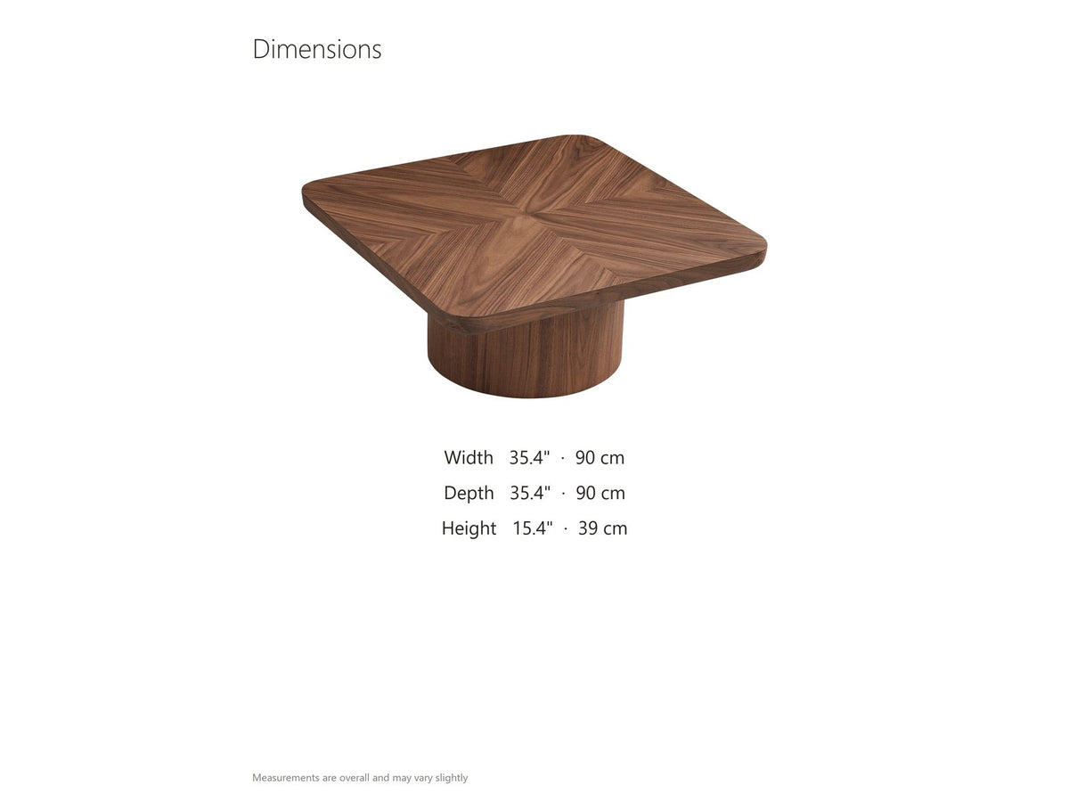Bari Walnut Veneer Square Pedestal Coffee Table dimensions: 35.4 in wide, 35.4 in deep, 15.4 in high