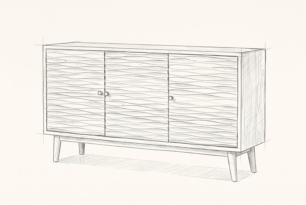 Pencil sketch of the Barile sideboard, drawn from the same three-quarter view