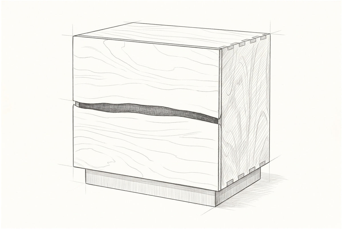 Pencil sketch of the Barumini nightstand, drawn from the same three-quarter view