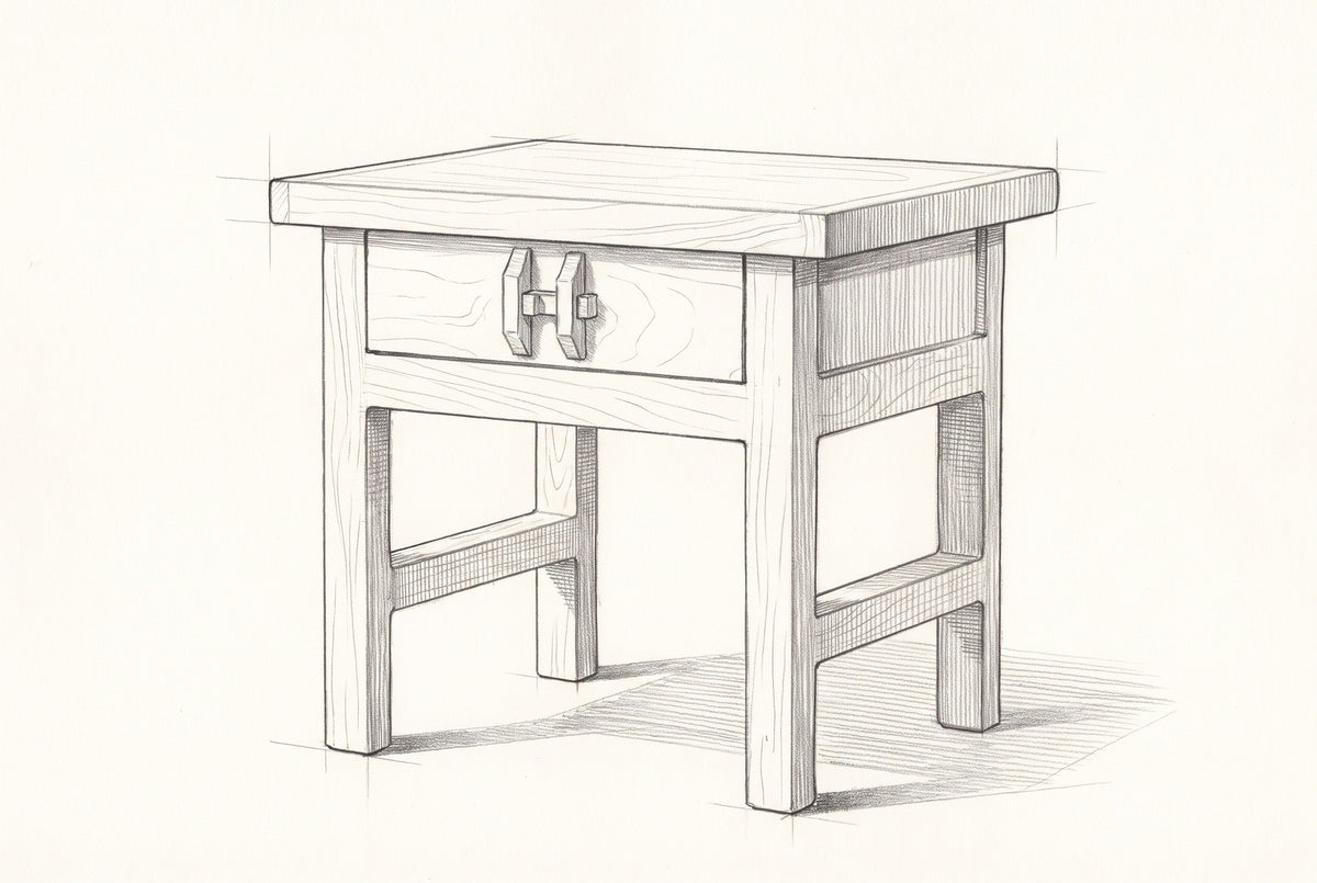 Pencil sketch of the Baunei nightstand, drawn from the same three-quarter view