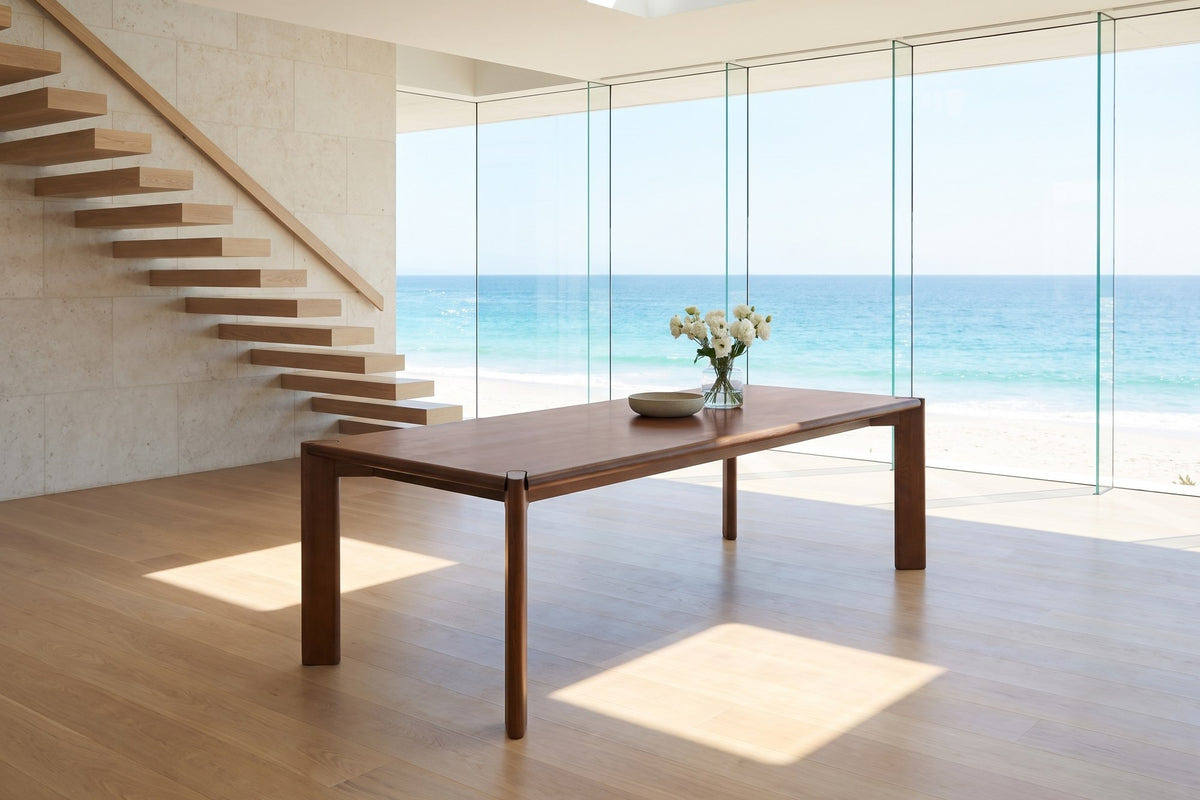 Belvedere 96-Inch Rectangular Walnut-Stained Solid Ash Dining Table in an oceanfront glass house