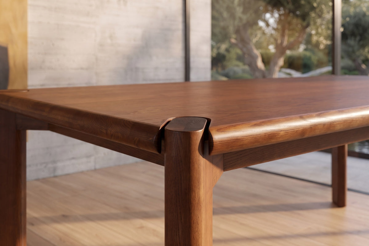 Close-up of the Belvedere 96-Inch Rectangular Walnut-Stained Solid Ash Dining Table: corner